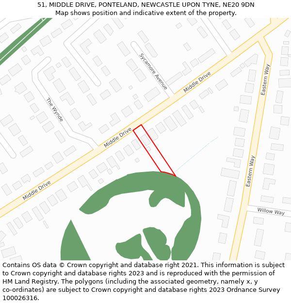 51, MIDDLE DRIVE, PONTELAND, NEWCASTLE UPON TYNE, NE20 9DN: Location map and indicative extent of plot