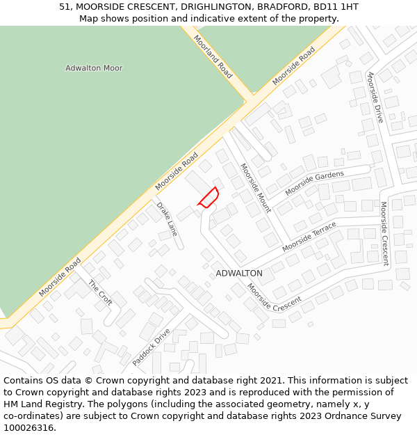 51, MOORSIDE CRESCENT, DRIGHLINGTON, BRADFORD, BD11 1HT: Location map and indicative extent of plot