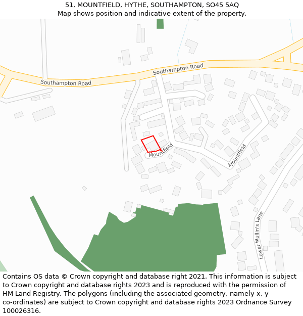 51, MOUNTFIELD, HYTHE, SOUTHAMPTON, SO45 5AQ: Location map and indicative extent of plot