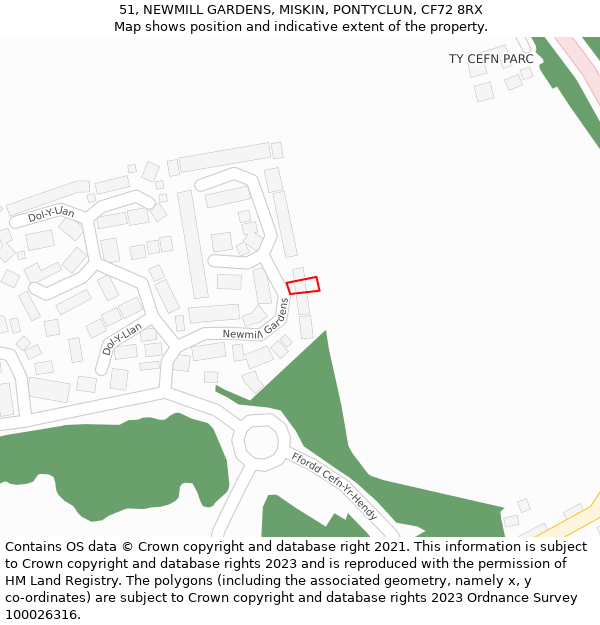 51, NEWMILL GARDENS, MISKIN, PONTYCLUN, CF72 8RX: Location map and indicative extent of plot
