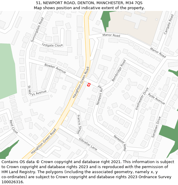 51, NEWPORT ROAD, DENTON, MANCHESTER, M34 7QS: Location map and indicative extent of plot