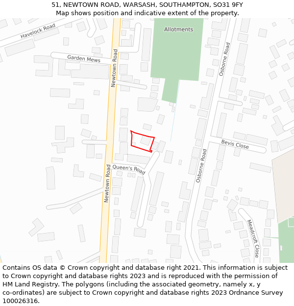 51, NEWTOWN ROAD, WARSASH, SOUTHAMPTON, SO31 9FY: Location map and indicative extent of plot
