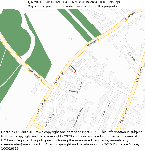 51, NORTH END DRIVE, HARLINGTON, DONCASTER, DN5 7JS: Location map and indicative extent of plot