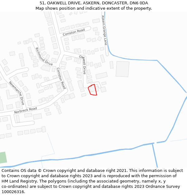 51, OAKWELL DRIVE, ASKERN, DONCASTER, DN6 0DA: Location map and indicative extent of plot
