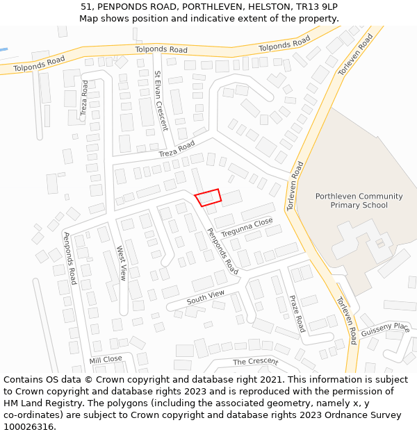 51, PENPONDS ROAD, PORTHLEVEN, HELSTON, TR13 9LP: Location map and indicative extent of plot