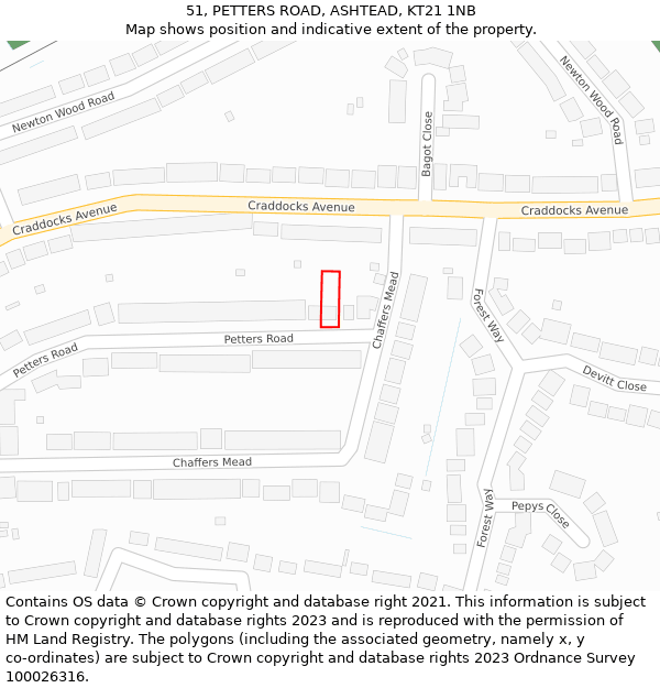 51, PETTERS ROAD, ASHTEAD, KT21 1NB: Location map and indicative extent of plot