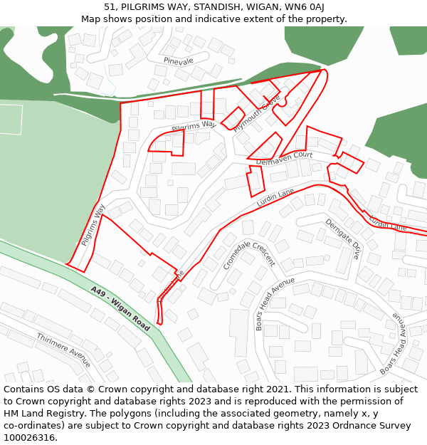 51, PILGRIMS WAY, STANDISH, WIGAN, WN6 0AJ: Location map and indicative extent of plot