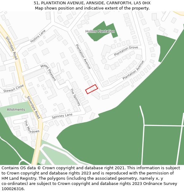 51, PLANTATION AVENUE, ARNSIDE, CARNFORTH, LA5 0HX: Location map and indicative extent of plot