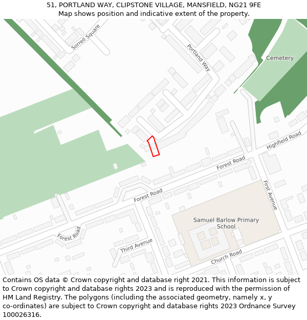 51, PORTLAND WAY, CLIPSTONE VILLAGE, MANSFIELD, NG21 9FE: Location map and indicative extent of plot
