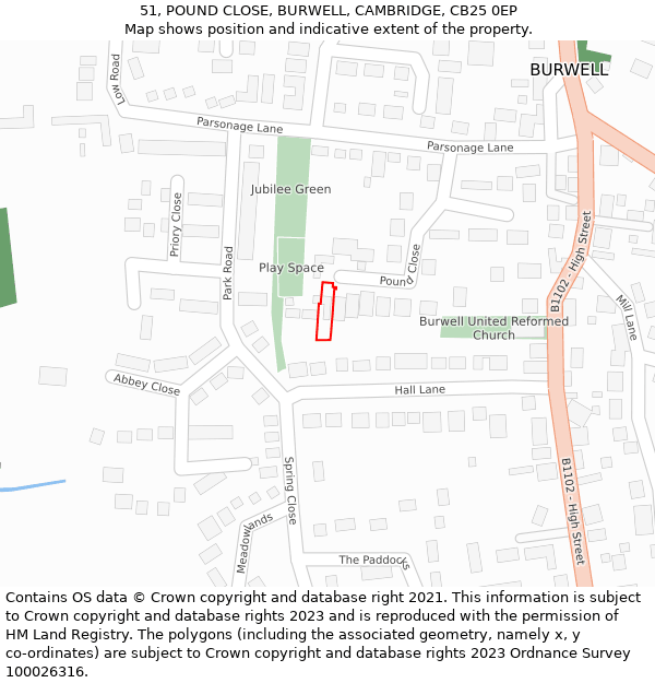 51, POUND CLOSE, BURWELL, CAMBRIDGE, CB25 0EP: Location map and indicative extent of plot