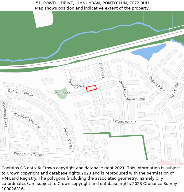 51, POWELL DRIVE, LLANHARAN, PONTYCLUN, CF72 9UU: Location map and indicative extent of plot