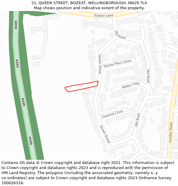 51, QUEEN STREET, BOZEAT, WELLINGBOROUGH, NN29 7LA: Location map and indicative extent of plot