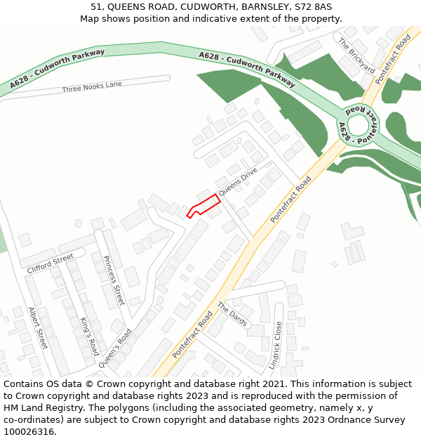 51, QUEENS ROAD, CUDWORTH, BARNSLEY, S72 8AS: Location map and indicative extent of plot