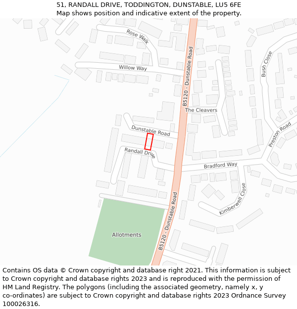 51, RANDALL DRIVE, TODDINGTON, DUNSTABLE, LU5 6FE: Location map and indicative extent of plot