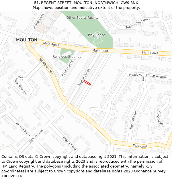 51, REGENT STREET, MOULTON, NORTHWICH, CW9 8NX: Location map and indicative extent of plot