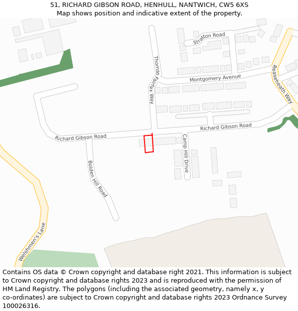 51, RICHARD GIBSON ROAD, HENHULL, NANTWICH, CW5 6XS: Location map and indicative extent of plot