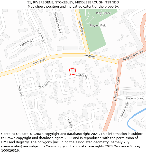 51, RIVERSDENE, STOKESLEY, MIDDLESBROUGH, TS9 5DD: Location map and indicative extent of plot