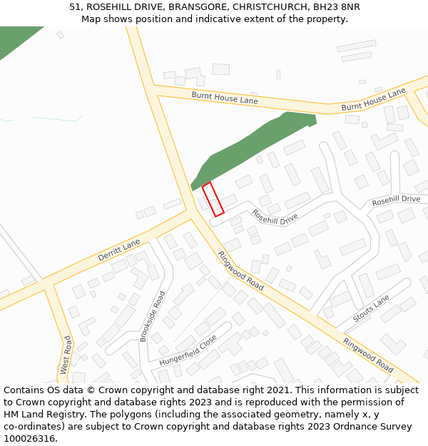 51, ROSEHILL DRIVE, BRANSGORE, CHRISTCHURCH, BH23 8NR: Location map and indicative extent of plot