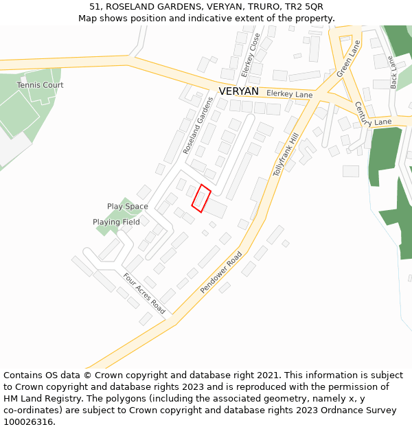 51, ROSELAND GARDENS, VERYAN, TRURO, TR2 5QR: Location map and indicative extent of plot