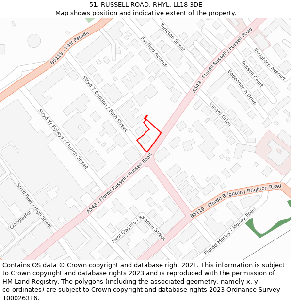 51, RUSSELL ROAD, RHYL, LL18 3DE: Location map and indicative extent of plot