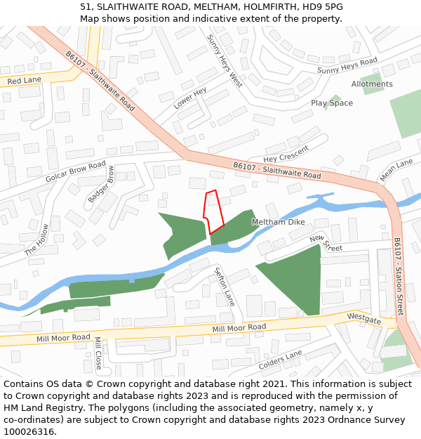 51, SLAITHWAITE ROAD, MELTHAM, HOLMFIRTH, HD9 5PG: Location map and indicative extent of plot