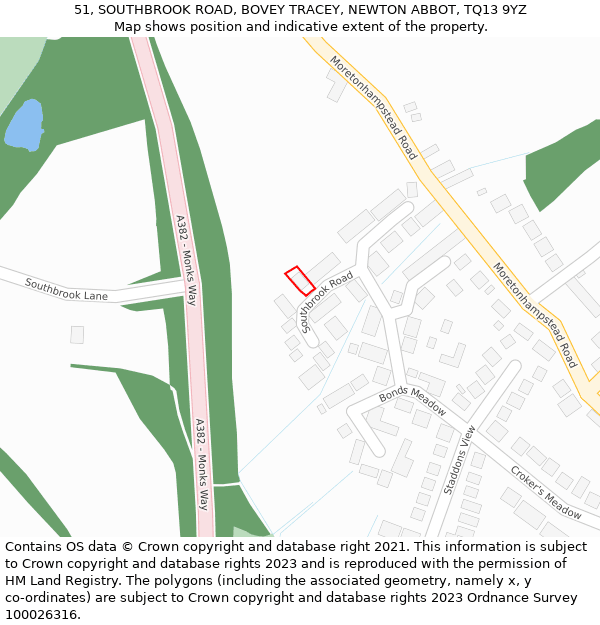 51, SOUTHBROOK ROAD, BOVEY TRACEY, NEWTON ABBOT, TQ13 9YZ: Location map and indicative extent of plot