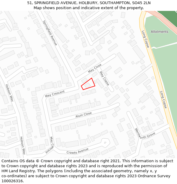 51, SPRINGFIELD AVENUE, HOLBURY, SOUTHAMPTON, SO45 2LN: Location map and indicative extent of plot