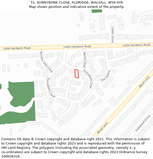 51, SUNNYBANK CLOSE, ALDRIDGE, WALSALL, WS9 0YR: Location map and indicative extent of plot