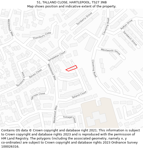 51, TALLAND CLOSE, HARTLEPOOL, TS27 3NB: Location map and indicative extent of plot