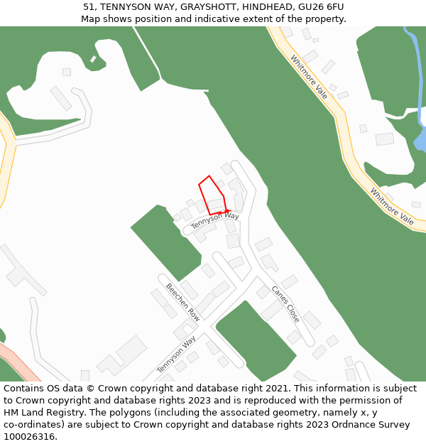 51, TENNYSON WAY, GRAYSHOTT, HINDHEAD, GU26 6FU: Location map and indicative extent of plot