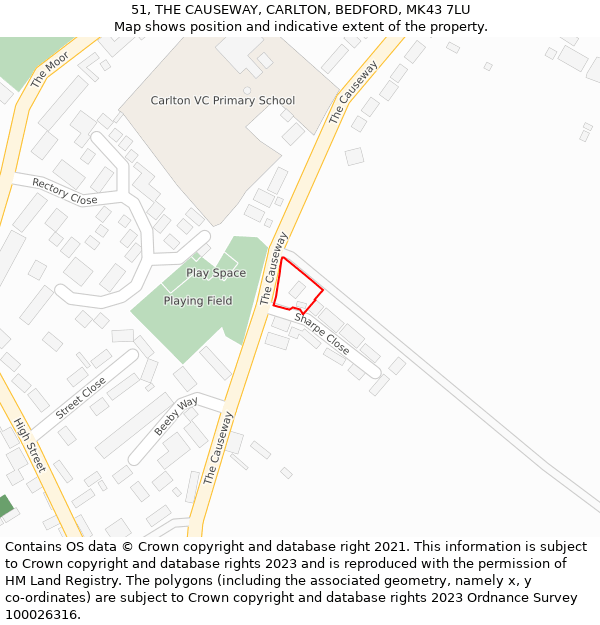 51, THE CAUSEWAY, CARLTON, BEDFORD, MK43 7LU: Location map and indicative extent of plot