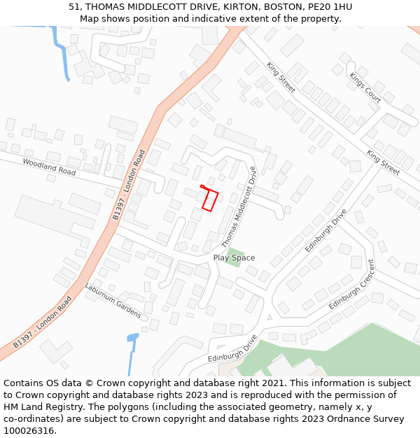 51, THOMAS MIDDLECOTT DRIVE, KIRTON, BOSTON, PE20 1HU: Location map and indicative extent of plot