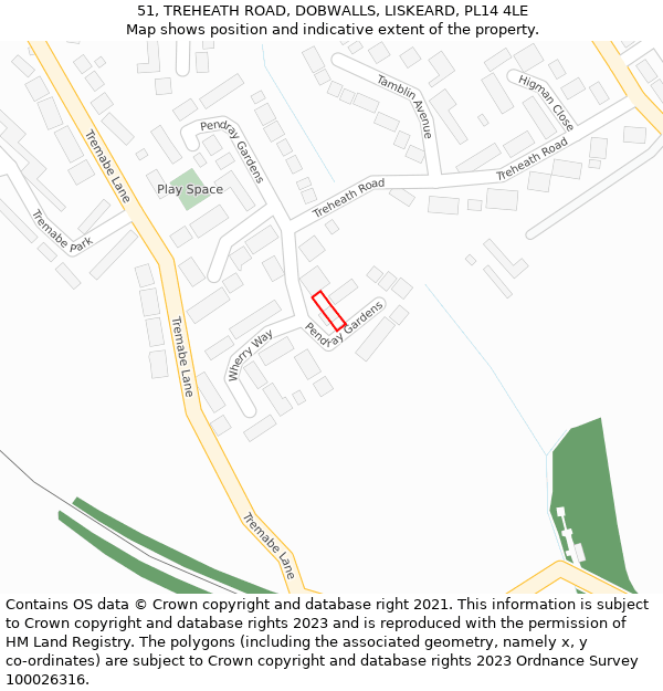 51, TREHEATH ROAD, DOBWALLS, LISKEARD, PL14 4LE: Location map and indicative extent of plot
