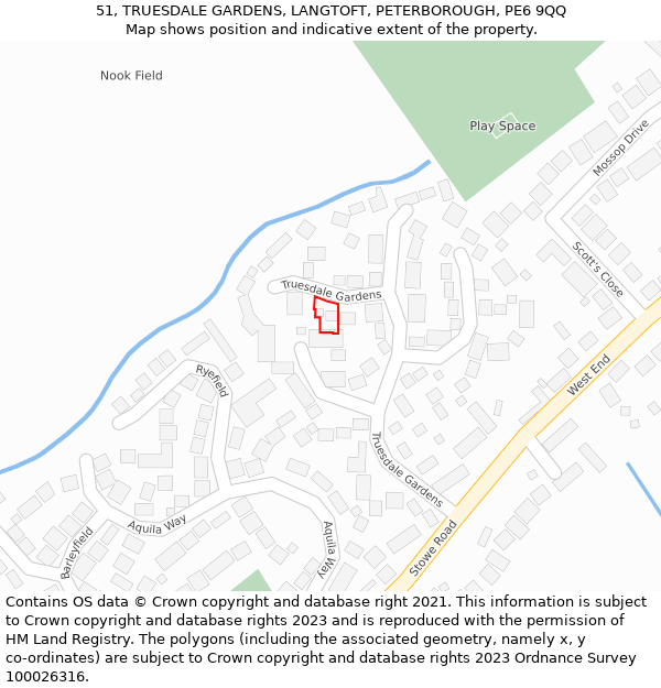 51, TRUESDALE GARDENS, LANGTOFT, PETERBOROUGH, PE6 9QQ: Location map and indicative extent of plot