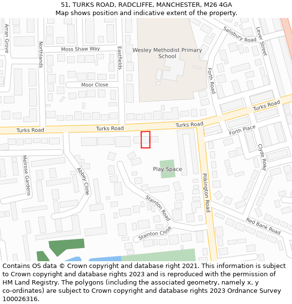 51, TURKS ROAD, RADCLIFFE, MANCHESTER, M26 4GA: Location map and indicative extent of plot