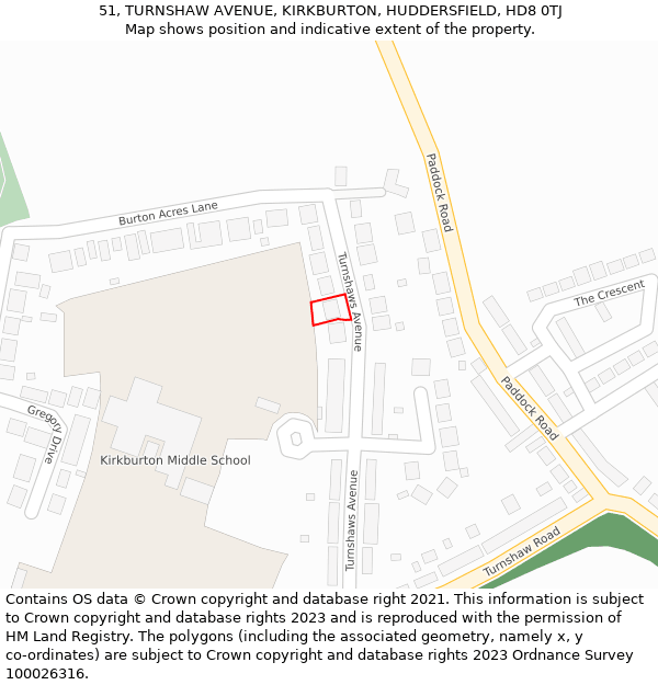 51, TURNSHAW AVENUE, KIRKBURTON, HUDDERSFIELD, HD8 0TJ: Location map and indicative extent of plot