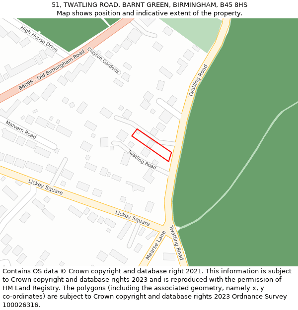 51, TWATLING ROAD, BARNT GREEN, BIRMINGHAM, B45 8HS: Location map and indicative extent of plot