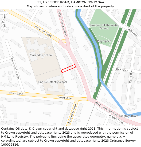 51, UXBRIDGE ROAD, HAMPTON, TW12 3AA: Location map and indicative extent of plot