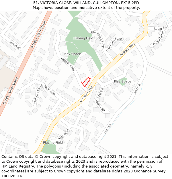 51, VICTORIA CLOSE, WILLAND, CULLOMPTON, EX15 2PD: Location map and indicative extent of plot