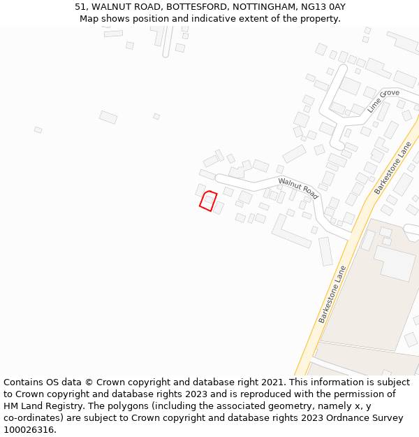 51, WALNUT ROAD, BOTTESFORD, NOTTINGHAM, NG13 0AY: Location map and indicative extent of plot