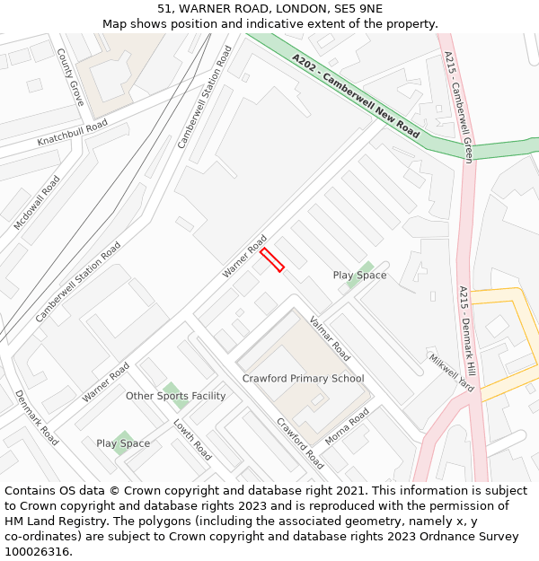 51, WARNER ROAD, LONDON, SE5 9NE: Location map and indicative extent of plot