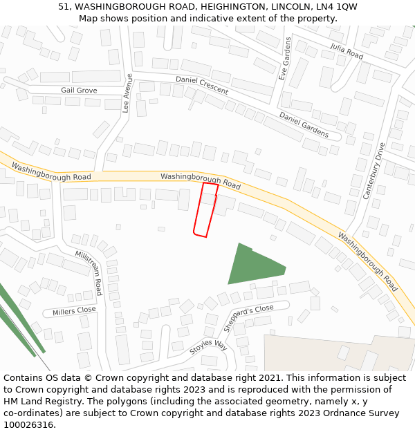 51, WASHINGBOROUGH ROAD, HEIGHINGTON, LINCOLN, LN4 1QW: Location map and indicative extent of plot