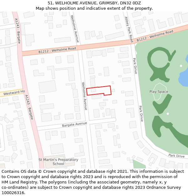 51, WELHOLME AVENUE, GRIMSBY, DN32 0DZ: Location map and indicative extent of plot
