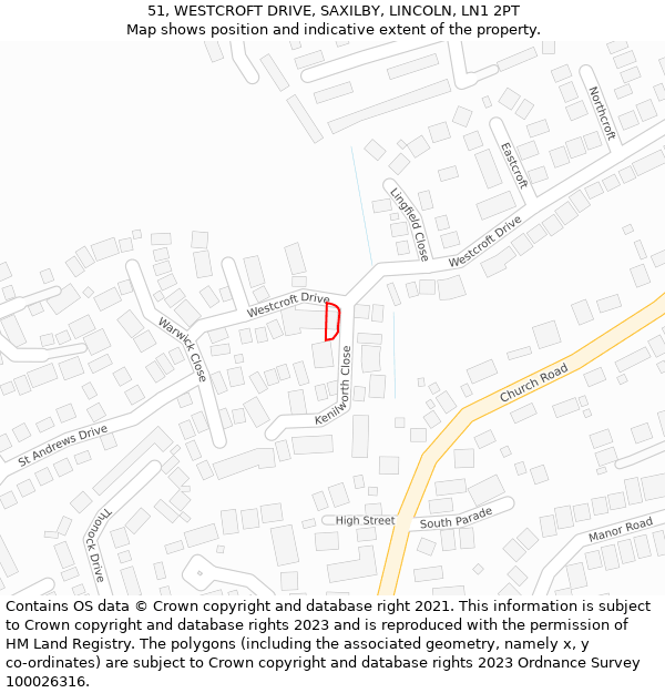 51, WESTCROFT DRIVE, SAXILBY, LINCOLN, LN1 2PT: Location map and indicative extent of plot