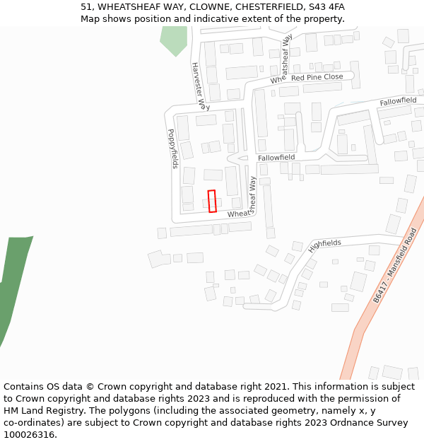 51, WHEATSHEAF WAY, CLOWNE, CHESTERFIELD, S43 4FA: Location map and indicative extent of plot