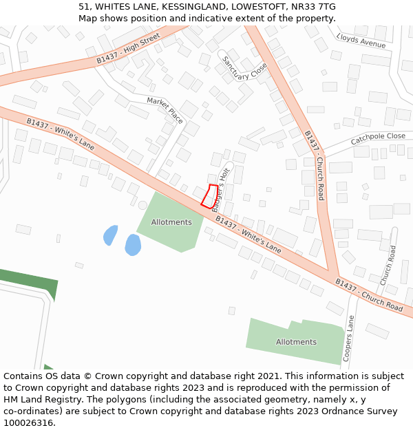 51, WHITES LANE, KESSINGLAND, LOWESTOFT, NR33 7TG: Location map and indicative extent of plot