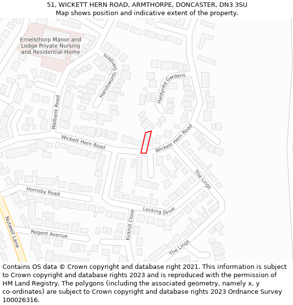 51, WICKETT HERN ROAD, ARMTHORPE, DONCASTER, DN3 3SU: Location map and indicative extent of plot