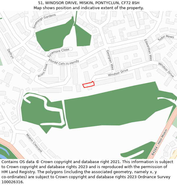51, WINDSOR DRIVE, MISKIN, PONTYCLUN, CF72 8SH: Location map and indicative extent of plot