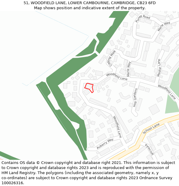 51, WOODFIELD LANE, LOWER CAMBOURNE, CAMBRIDGE, CB23 6FD: Location map and indicative extent of plot