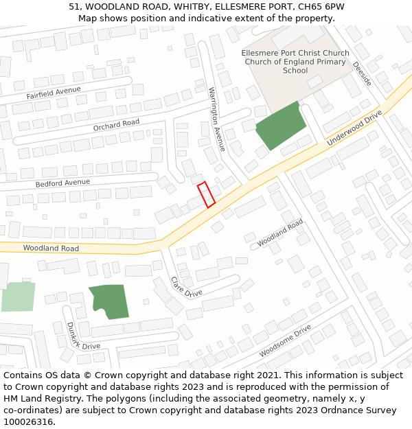 51, WOODLAND ROAD, WHITBY, ELLESMERE PORT, CH65 6PW: Location map and indicative extent of plot